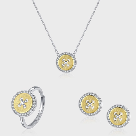 Ensemble de Bijoux Bouton en Argent Sterling 925 Tons Or et Argent Strass Boucles d'Oreilles Collier Bague Réglable Femme