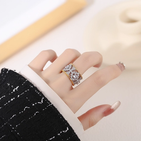 Bague Ouverte en Argent Sterling S925 Bicolore Floral Ajouré Élégant Strass Incrusté Bague Pétale Réglable Bijoux Femme