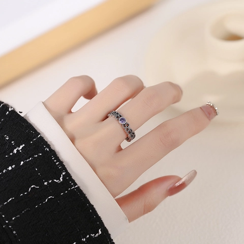 Vintage 925 Sterling Zilveren Open Ring Voor Dames Paarse Strass Ingelegd Verouderd Opengewerkt Verstelbare Sieraden