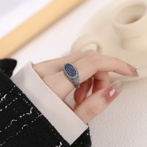 Anello Aperto Vintage in Argento Sterling S925 Con Strass Blu per Donna Texture Incisa Anello Regolabile Gioielli Retro Regalo