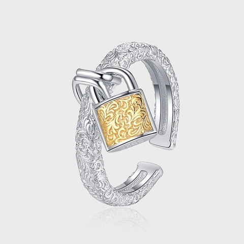 Anello Aperto in Argento Sterling 925 Bicolore Vintage con Motivo a Voluta Lucchetto per Donna Regolabile Gioielli Strass