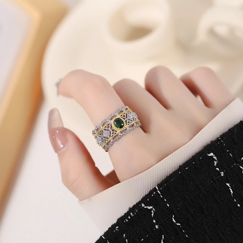 Vintage 925 Sterling Zilveren Zirconia Kroon Ring Voor Vrouwen Tweekleurig Filigraan Hol Groen Ovaal Edelsteen Verstelbare Ring Sieraden