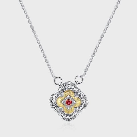 Elegante Collana con Ciondolo Quadrifoglio a Fiore Bicolore in Argento Sterling 925 con Strass Rosso Donna Gioielli Vintage
