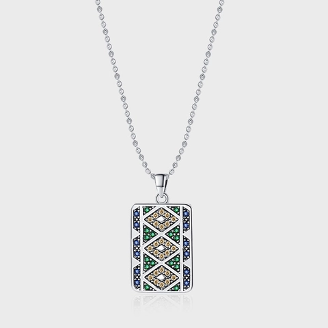 Vintage 925 Sterling Silver Arabesque Pendant Necklace For Women Multicolored Rhinestone Rectangular Geometric Jewelry