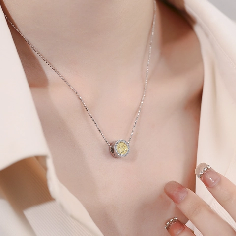 925 Sterlingsilber Zweifarbig Smiley Totem Anhänger Halskette Minimalistisch Rund Strass Mode Schmuck Für Damen