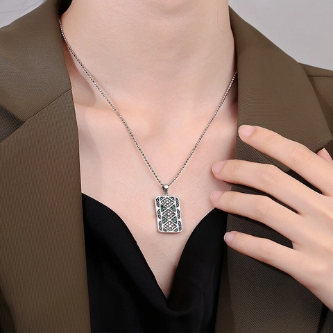 Vintage 925 Sterling Silver Arabesque Pendant Necklace For Women Multicolored Rhinestone Rectangular Geometric Jewelry