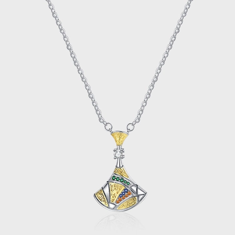 Vintage Fan Shaped Pendant Necklace 925 Sterling Silver With Multicolor Zircon Filigree Luxury Elegant Jewelry For Women