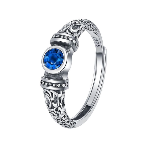 Anello Vintage in Argento Sterling 925 Con Motivo Arabesco Per Donna Zirconia Blu Profondo Anello Aperto Regolabile Gioielli di Moda