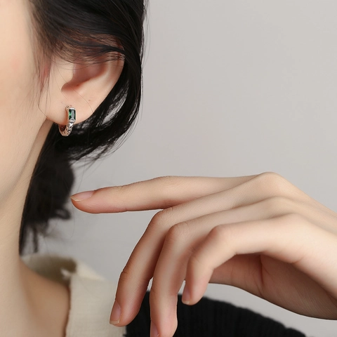 925 Sterling Silver Meteorite Texture Zirconia Stud Earrings Vintage Hand Hammered Rectangular Gemstone Earrings For Women