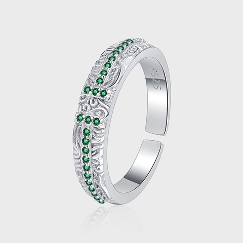 S925 Sterling Silver Arabesque Pattern Open Ring Vintage Relief Green Rhinestone Pave Adjustable Index Finger Ring Jewelry For Women