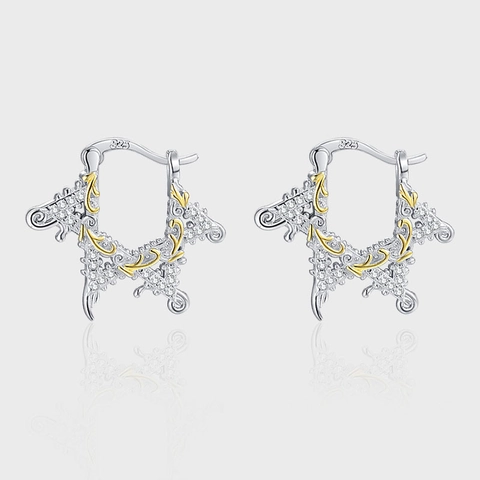 Orecchini Bicolore in Argento Sterling 925 per Donna Vintage Barocco Rilievo Motivo Erba Tang Esagramma Strass Orecchini a Cerchio