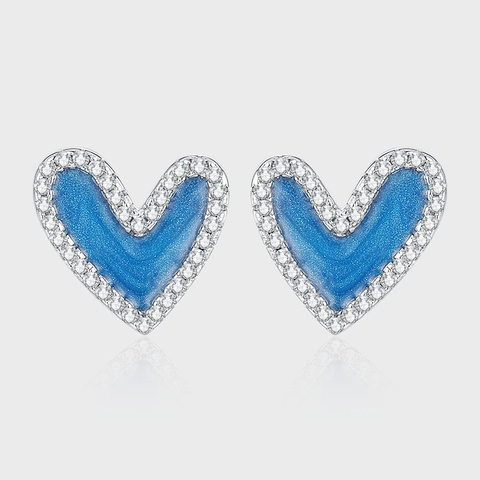 S925 Sterlingsilber Herz Ohrstecker Blau Emaille Strass Sternenhimmel Design Vintage Schmuck Geschenk Für Damen