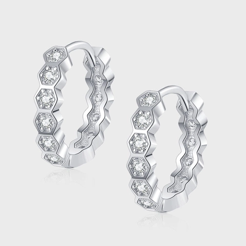 S925 Sterling Silver Honeycomb Hexagon Hoop Earrings Minimalist Micro Inlaid Rhinestone Jewelry For Women Geometric Ear Studs