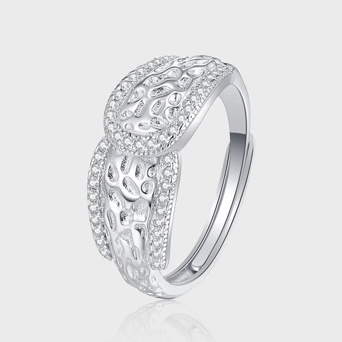 Anillo Abierto de Plata de Ley S925 con Textura de Roca para Mujer Bañado en Oro Blanco Strass Ajustable Joyería