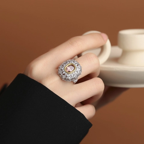 Lussuoso Anello a Girasole Bicolore in Argento Sterling 925 Stile Vintage Palazzo per Donna con Strass Incastonati Gioielli Regolabili