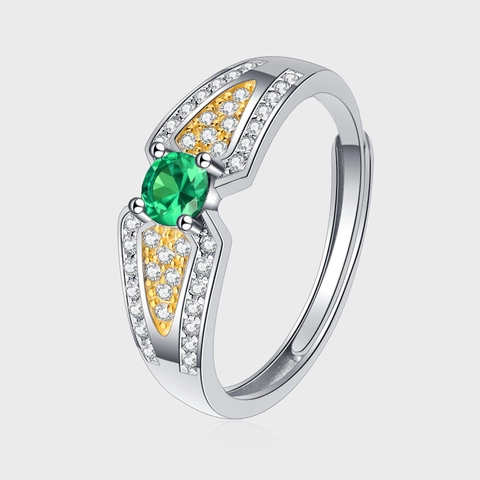Bague Ouverte Ailes d'Ange en Argent Sterling 925 pour Femme Zirconia Vert Strass Bicolore Incrusté Mode Ajustable Bijoux