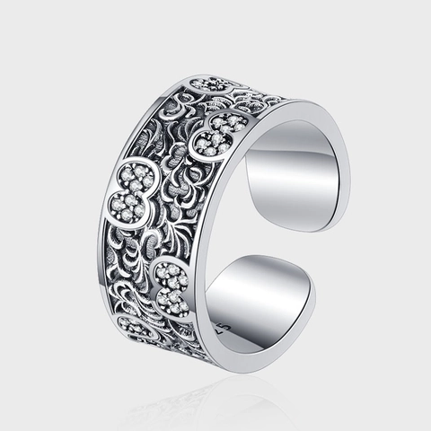 925 Sterling Silver Vintage Carved Vine Pattern Open Ring Palace Style Rhinestone Inlaid Adjustable Finger Ring Jewelry For Women
