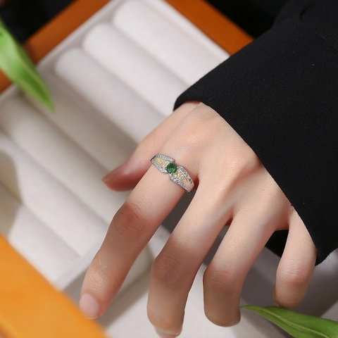 Bague Ouverte Ailes d'Ange en Argent Sterling 925 pour Femme Zirconia Vert Strass Bicolore Incrusté Mode Ajustable Bijoux