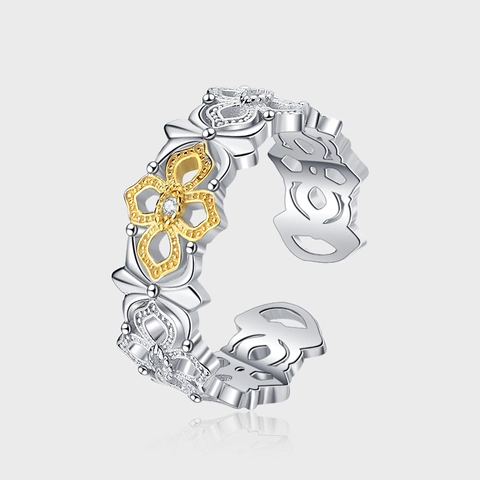 Anello Aperto Camelia in Argento Sterling S925 Vintage Fiore Cavo Bicolore Regolabile Con Strass per Donna Gioielli di Moda