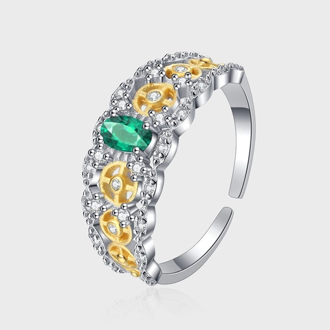 Anello in Argento Sterling 925 con Zirconia Verde Vintage Traforato Ovale Regolabile Aperto Contrasto Oro Argento Gioielli