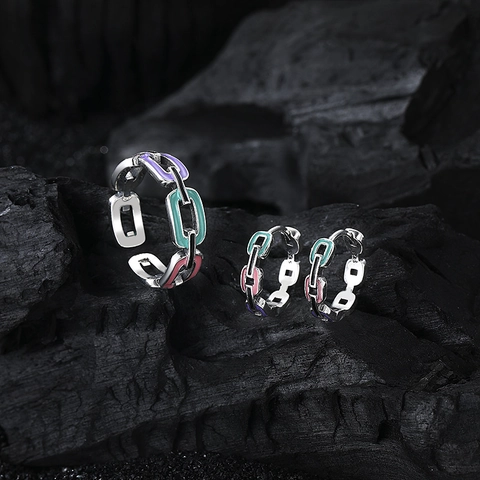 Anello a Catena in Argento Sterling 925 con Smalto Colorato Vintage Stile Hip Hop Anello Aperto Regolabile Gioielli per Donna