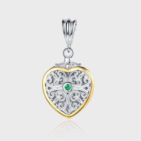 925 Sterling Silver Filigree Heart Pendant Necklace Palace Style Two Tone Scroll Pattern Green Rhinestone Jewelry Gift
