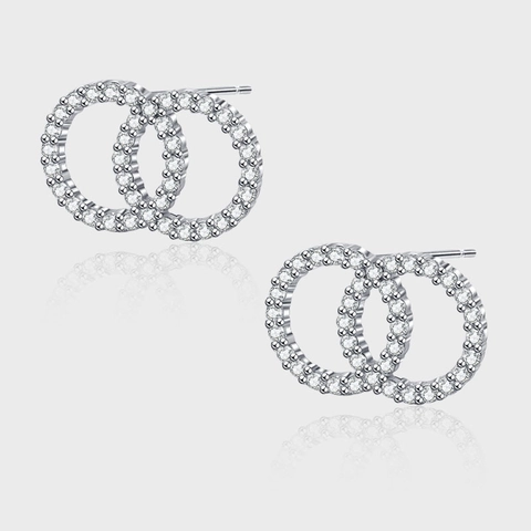 S925 Sterling Silver Interlocked Double Ring Stud Earrings For Women Pave Rhinestone Geometric Round Earrings Jewelry