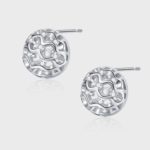 Orecchini a Bottone Geometrici Svuotati in Argento Sterling 925 Onda d'acqua per Donna Moda Minimalista con Strass