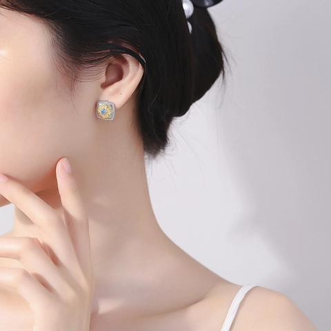 Orecchini a Bottone in Argento Sterling S925 Con Zirconia Blu a Fiore per Donna Vintage Quadrati Bicolore Oro Argento Strass