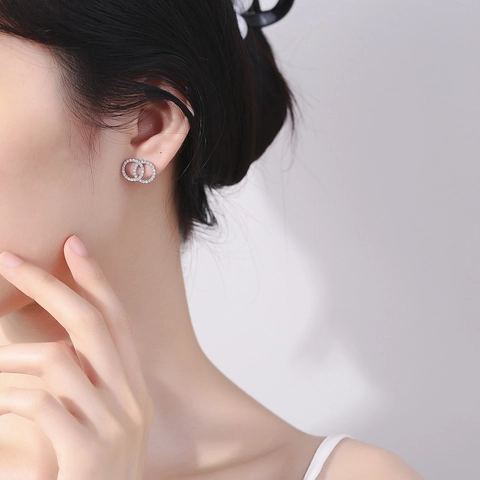 S925 Sterling Silver Interlocked Double Ring Stud Earrings For Women Pave Rhinestone Geometric Round Earrings Jewelry