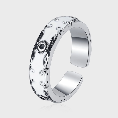 S925 Sterling Zilver Vintage Krulpatroon Open Ring Voor Vrouwen Retro Emaille Wit Verstelbare Vingerring Modieuze Sieraden