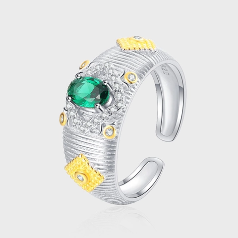 Bague Ouverte en Argent Sterling S925 Zirconia Vert pour Femme Texture de Tissu Brossé Vintage Couleur Contrastée