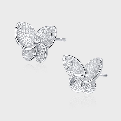 Orecchini a Bottone a Farfalla in Argento Sterling 925 Oro Bianco Galvanico Design a Rete Traforata Piccoli Strass Intarsiati Gioielli Moda Donna