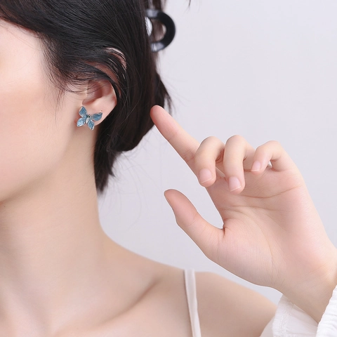 Pendientes de Botón de Mariposa Azul de Plata de Ley S925 Esmalte Piedra Preciosa Diamante de Imitación Joyería para Mujer