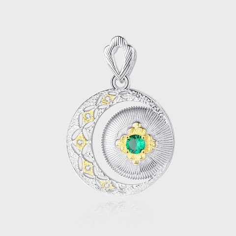 Collana con Ciondolo a Mezzaluna in Argento Sterling 925 da Donna Oro Argento Trama Spazzolata Pietra Preziosa Verde Strass Intarsiato Gioielli