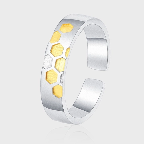 Anello Aperto a Nido d'Ape in Argento Sterling 925 Bicolore Placcato Oro Opaco Sabbiato Design di Nicchia Gioielli Donna