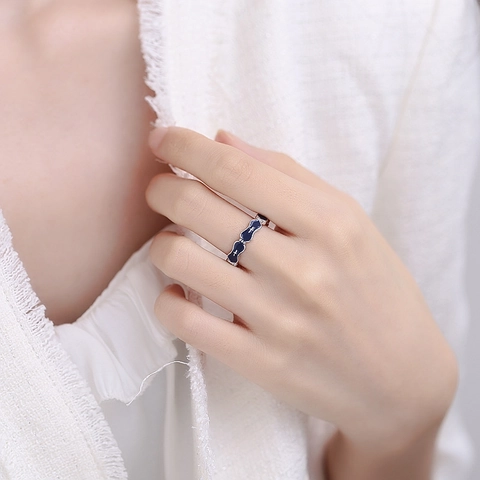925 Sterlingsilber Emaille Ring Für Damen Vintage Blau Tropfglasur Kreuzstern Muster Wellenkante Offener Verstellbarer Ring Modeschmuck