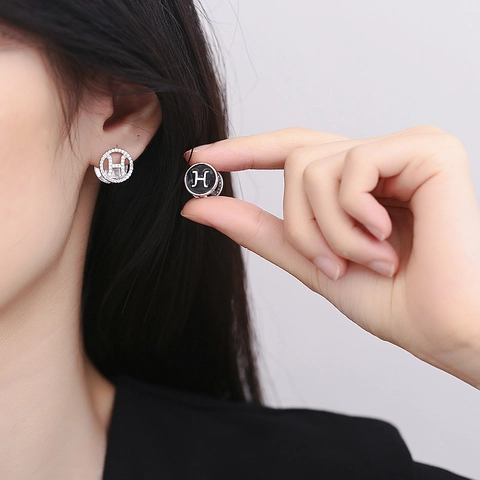 Luxury 925 Sterling Silver H Letter Stud Earrings Pave Rhinestone Fashion Jewelry For Women Elegant Silver Earring Jewelry