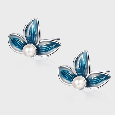 S925 Sterling Silver Three-Petal Flower Stud Earrings With Blue Enamel And Artificial Pearl Vintage Style Jewelry For Women