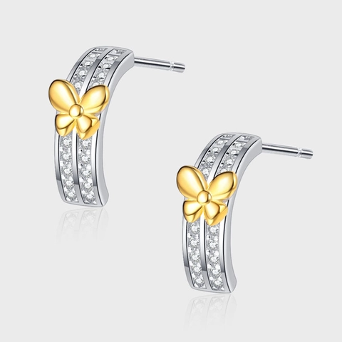 Boucles d'Oreilles Clous Arc en Argent Sterling 925 Bicolore Papillon pour Femme Or Argent Strass Bijoux de Mode