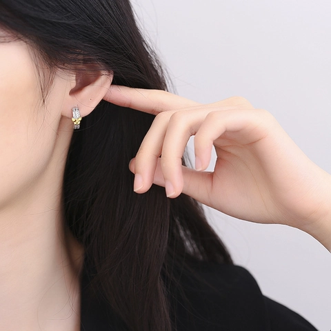 Boucles d'Oreilles Clous Arc en Argent Sterling 925 Bicolore Papillon pour Femme Or Argent Strass Bijoux de Mode