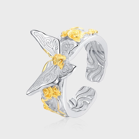 S925 Sterling Silver Butterfly Rose Adjustable Ring Two-Tone Gold Silver Vintage Engraved Texture Open Finger Ring For Women