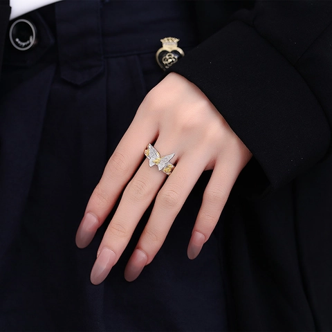 S925 Sterling Silver Butterfly Rose Adjustable Ring Two-Tone Gold Silver Vintage Engraved Texture Open Finger Ring For Women
