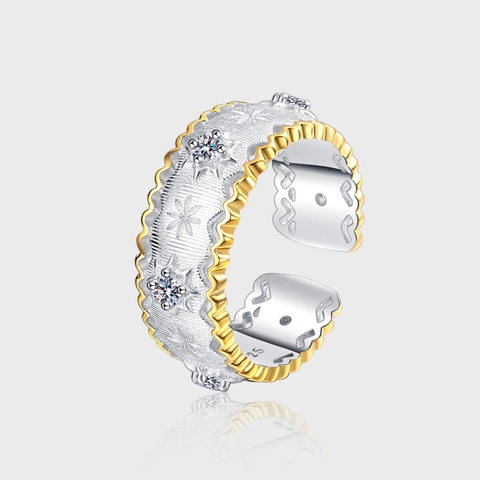 Vintage 925 Sterling Silver Brushed Ring Hexagram Rhinestone Two Tone Adjustable Open Ring For Women Elegant Retro Jewelry