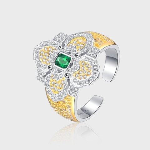 925 Sterlingsilber Vintage Blume Schneeflocke Offener Ring Zweifarbig Vergoldet Grüner Edelstein Strass Hohl Wabe Schmuck