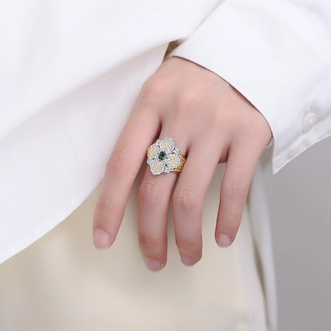 925 Sterlingsilber Vintage Blume Schneeflocke Offener Ring Zweifarbig Vergoldet Grüner Edelstein Strass Hohl Wabe Schmuck