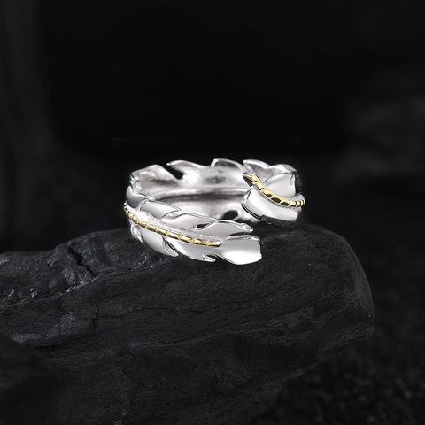 925 Sterlingsilber Zweifarbiger Feder Ring Offen Für Damen Vintage Schicker Gold Silber Galvanisierter Verstellbarer Fingerring
