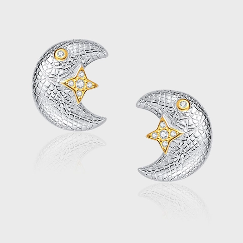 Orecchini a Bottone in Argento Sterling 925 a Forma di Stella e Luna per Donna Oro Argento Bicolore Strass Intarsiato Gioielli Spazzolati Italiani Regalo