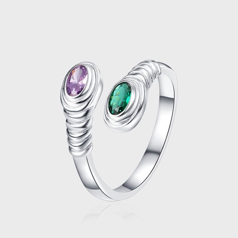 S925 Sterling Silver Bypass Ring With Two-Color Purple Green Rhinestones Vintage Adjustable Open Ring For Women Jewelry