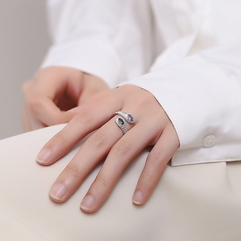 S925 Sterling Silver Bypass Ring With Two-Color Purple Green Rhinestones Vintage Adjustable Open Ring For Women Jewelry